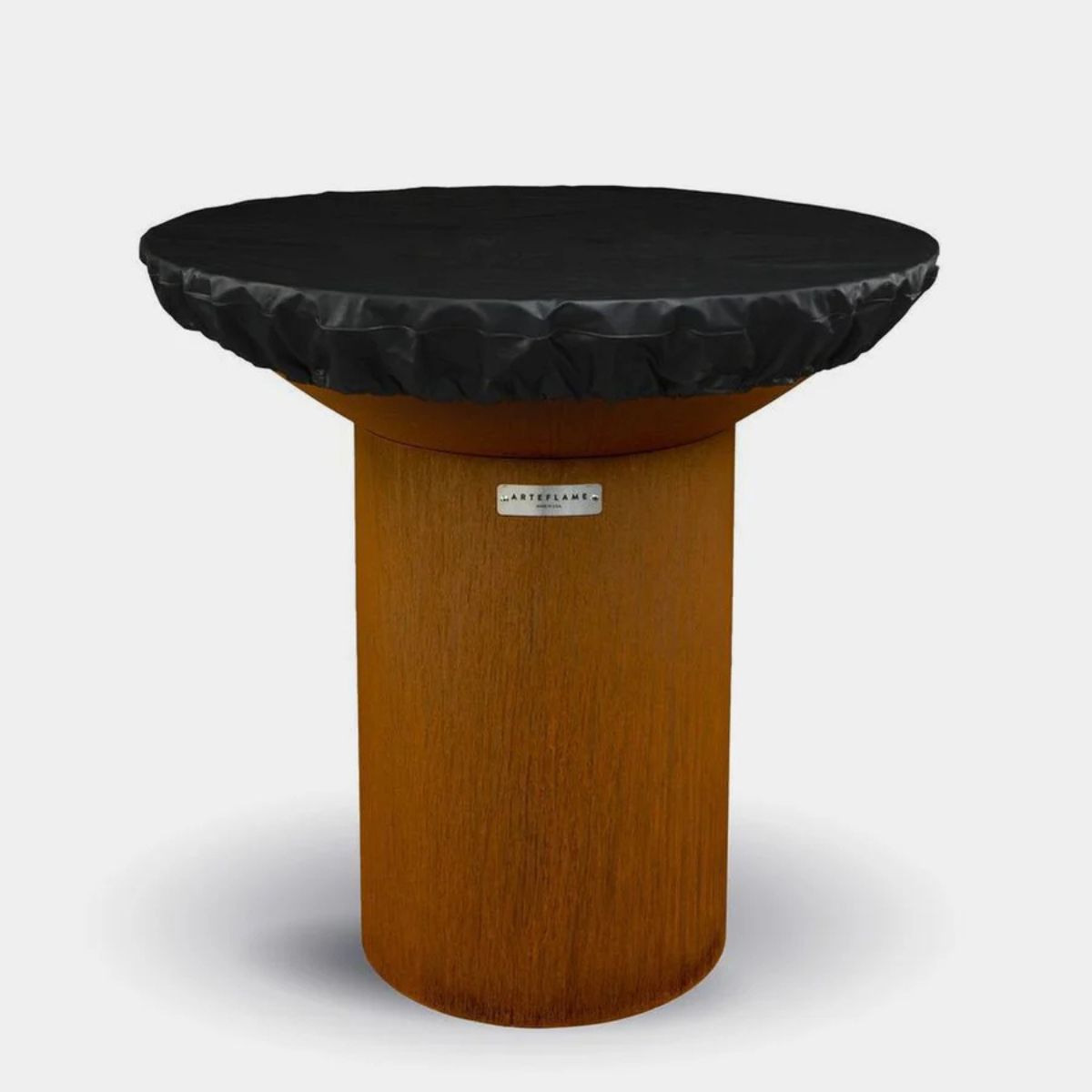Round wooden table with a black cover on a white background