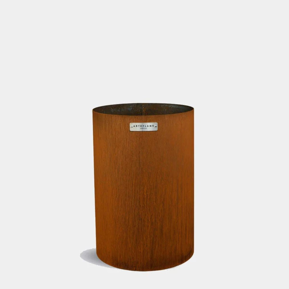 Wooden wastebasket with a visible brand label on a white background