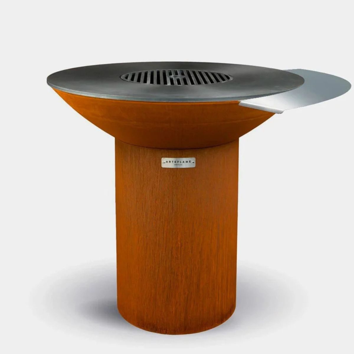 Outdoor fire pit with wooden base and metal top on a white background