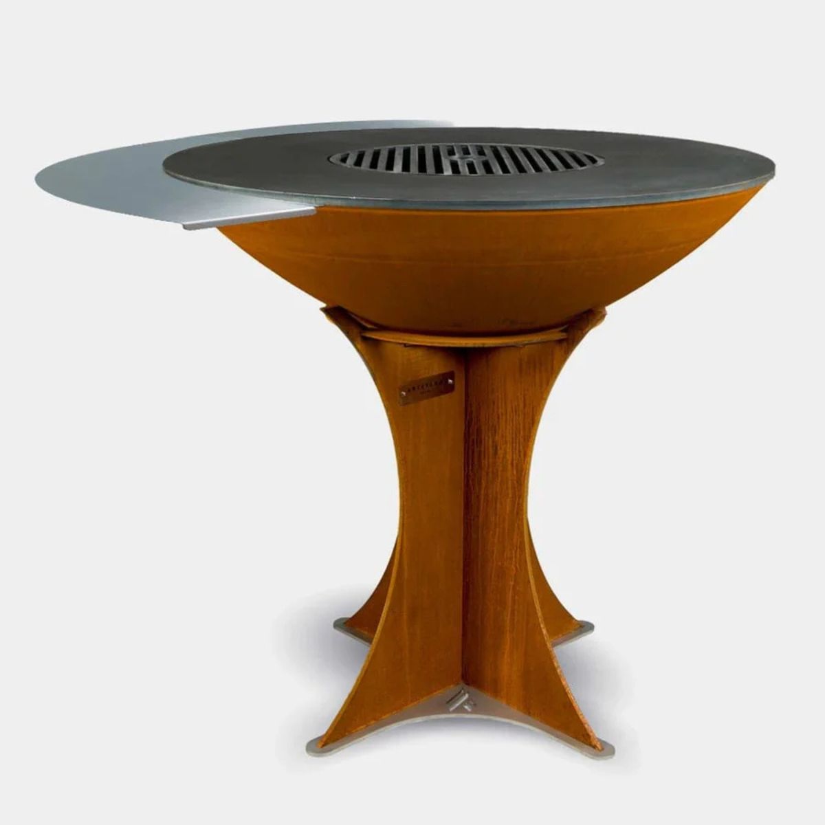 Wooden fire pit table with metal top on a white background