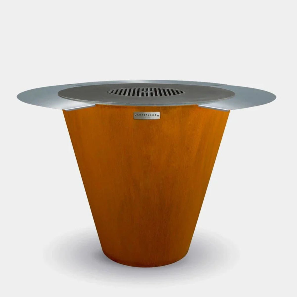 Metal fire pit table with a rust-colored base and silver top on a white background