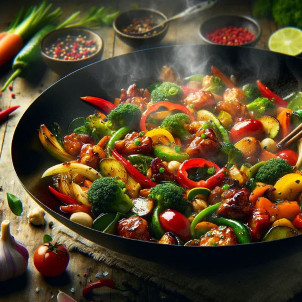 Steaming vegetable stir-fry in a wok with various ingredients on a wooden table.