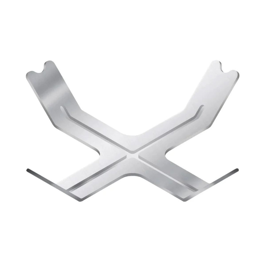 Metallic 'X' shaped object on a white background