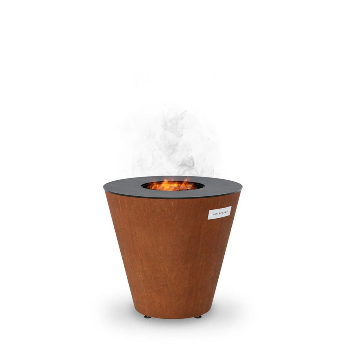 Brown outdoor fire pit with flames and smoke on a white background