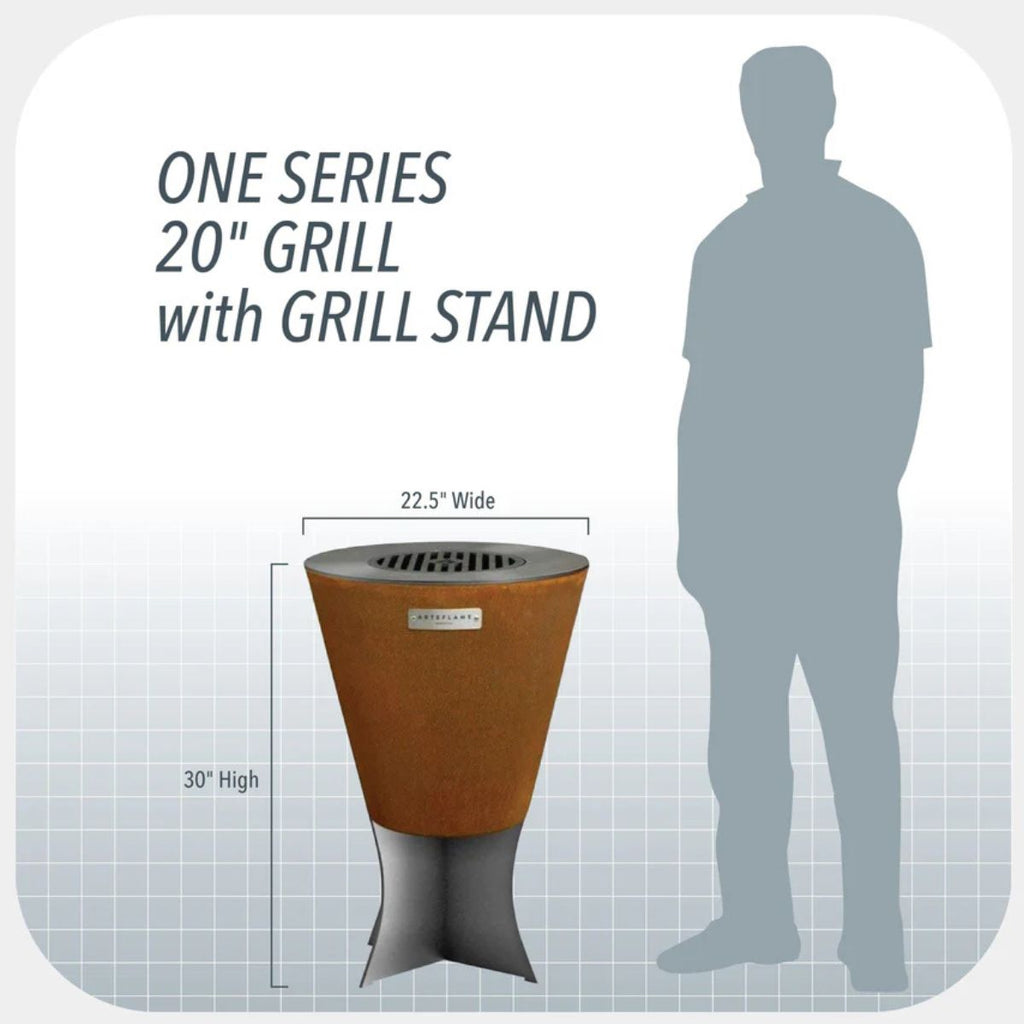 20-inch grill with stand dimensions shown next to a silhouette of a person for scale.