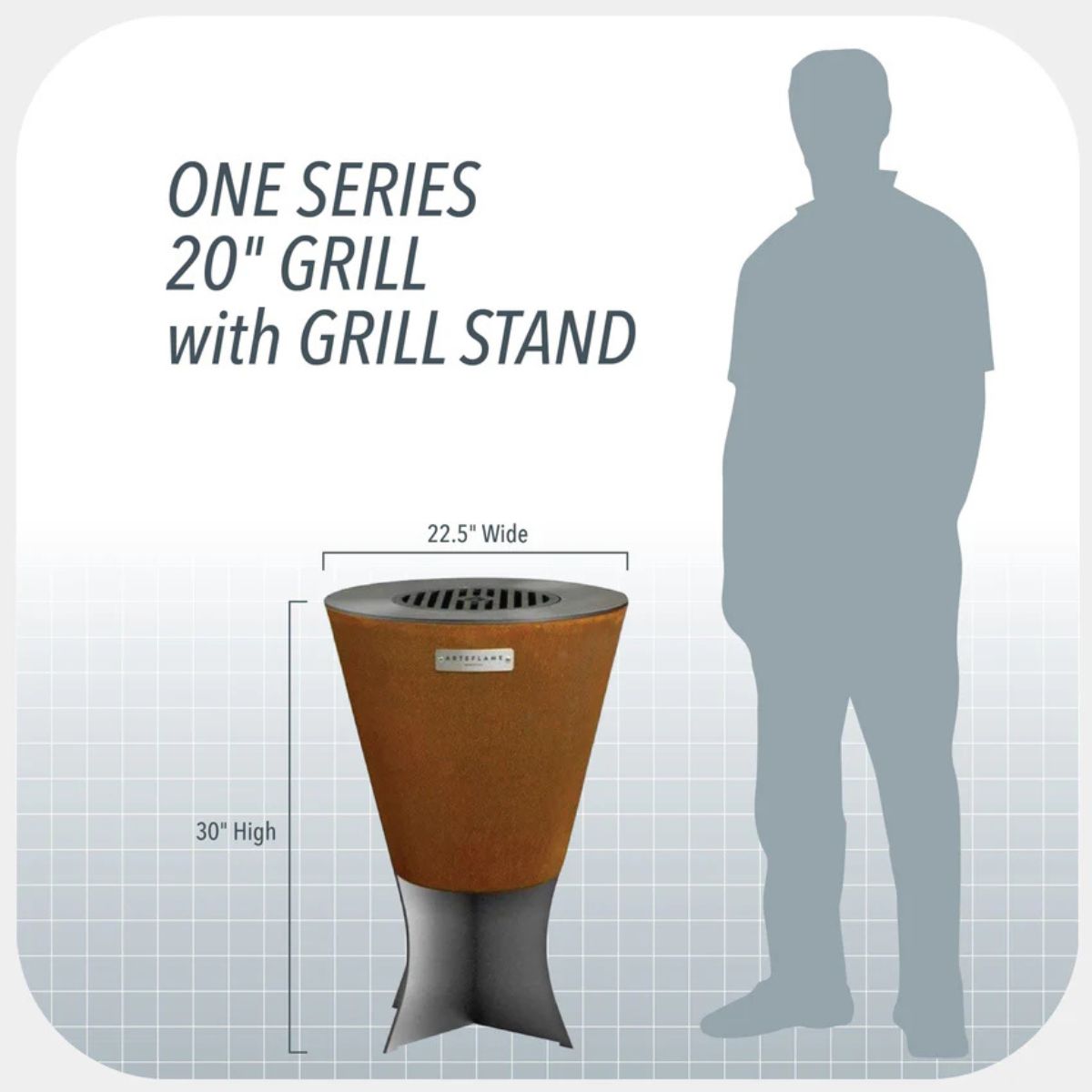 20-inch grill with stand dimensions shown next to a silhouette of a person for scale.