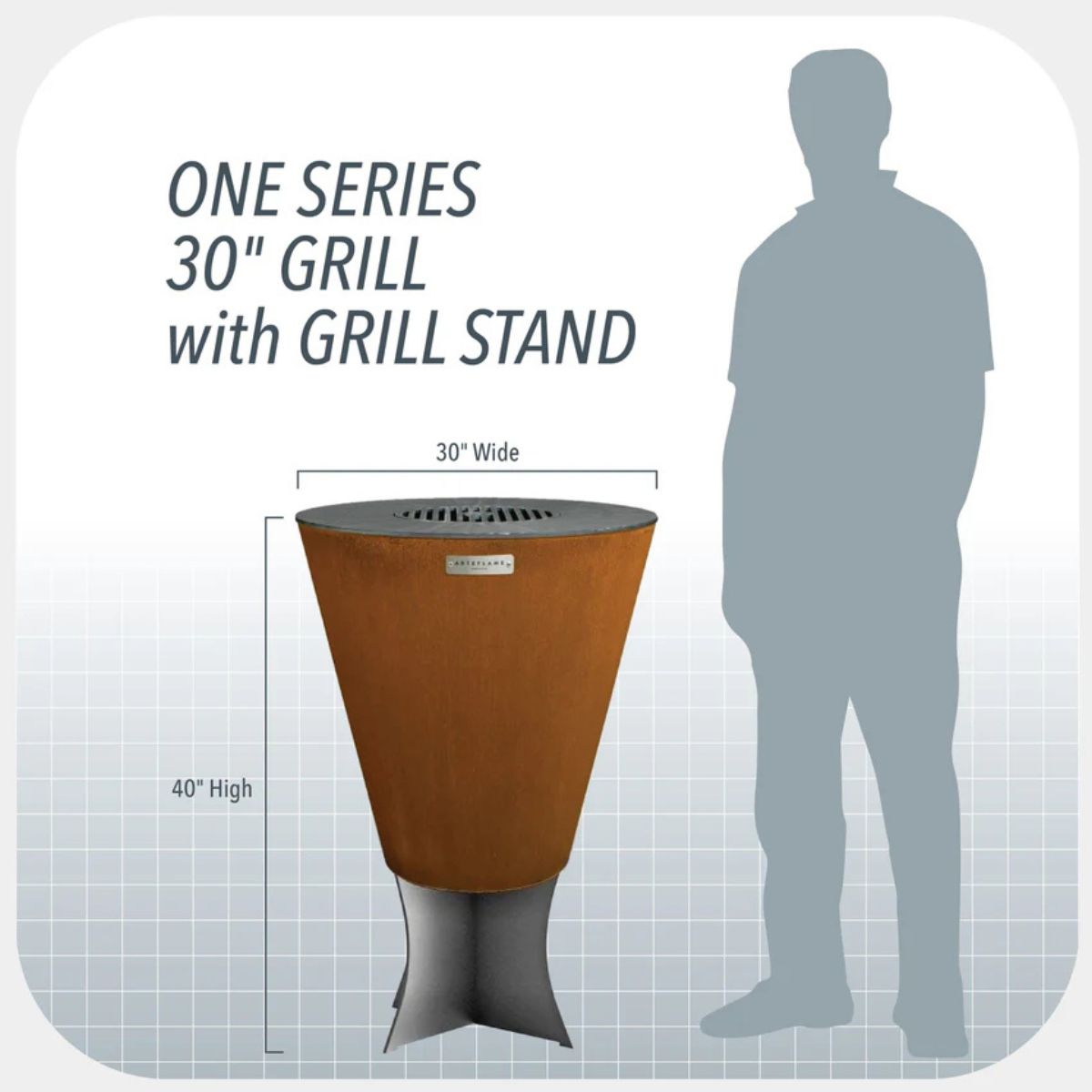30-inch grill with stand shown next to a silhouette of a person for scale on a white background.