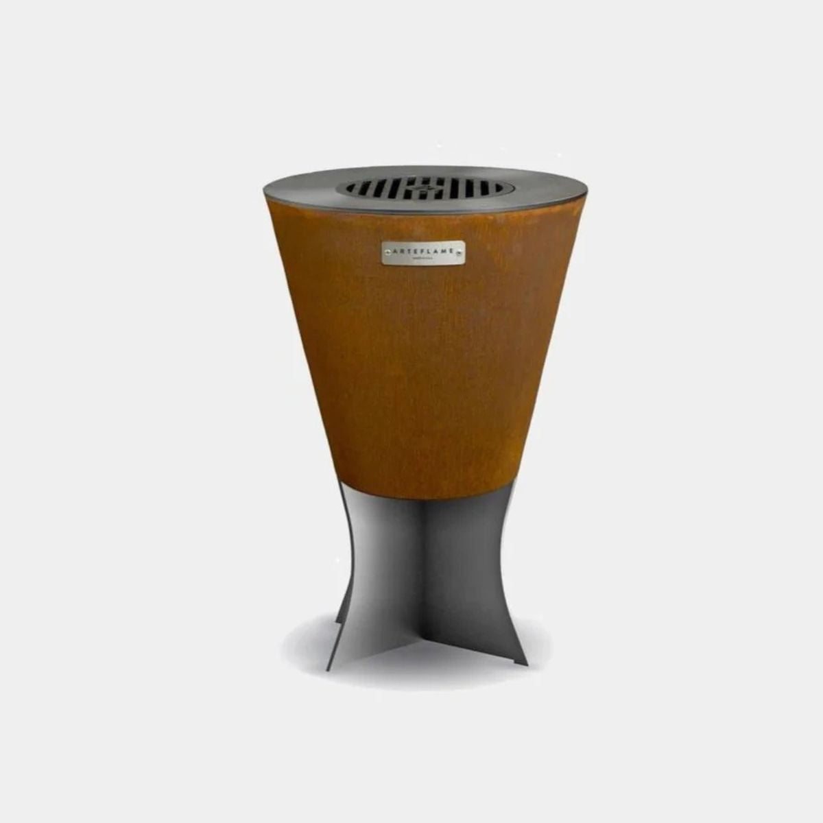 Cylindrical outdoor fire pit with a brown top and black base on a white background