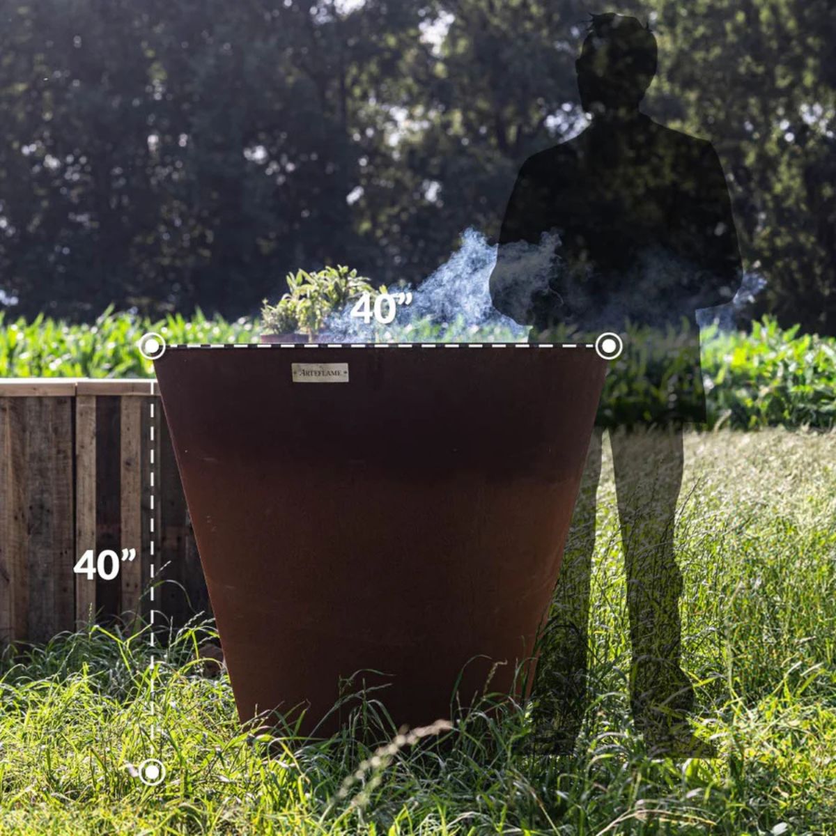 Large brown planter with dimensions indicated, placed outdoors on grass.
