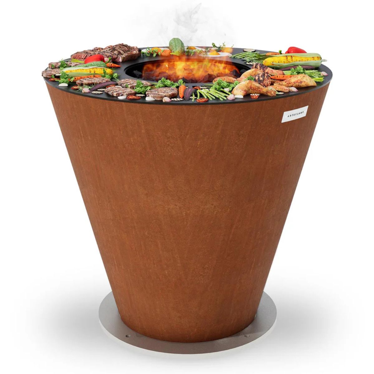 Wooden fire pit with food on a white background