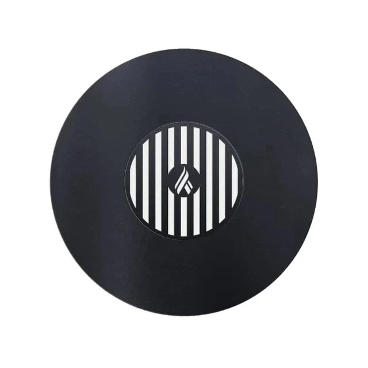 Black vinyl record with a central logo on a white background