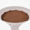 Round table with a brown top and white base on a white background