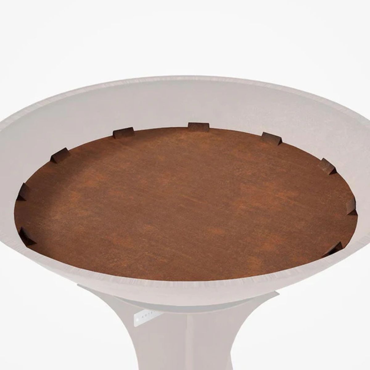 Round table with a brown top and white base on a white background