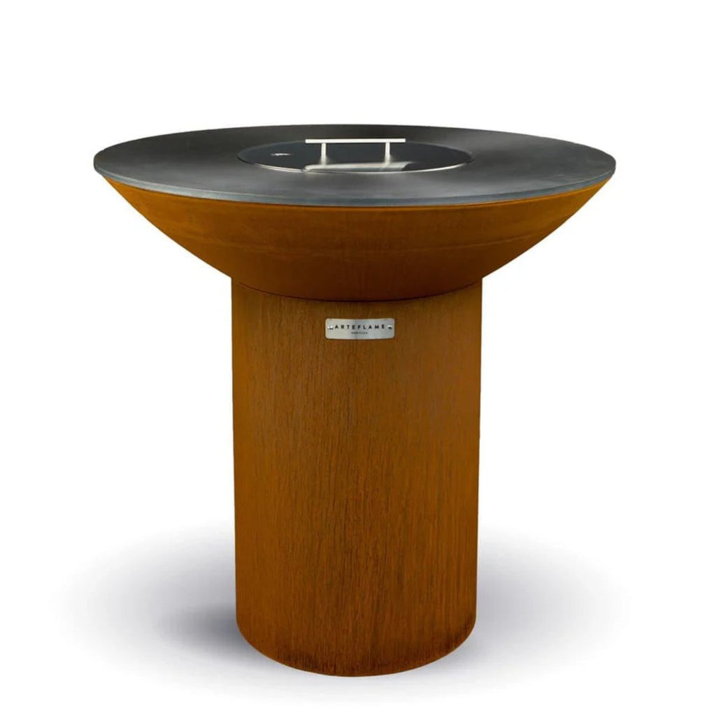 Wooden outdoor fire pit table with metal top on a white background