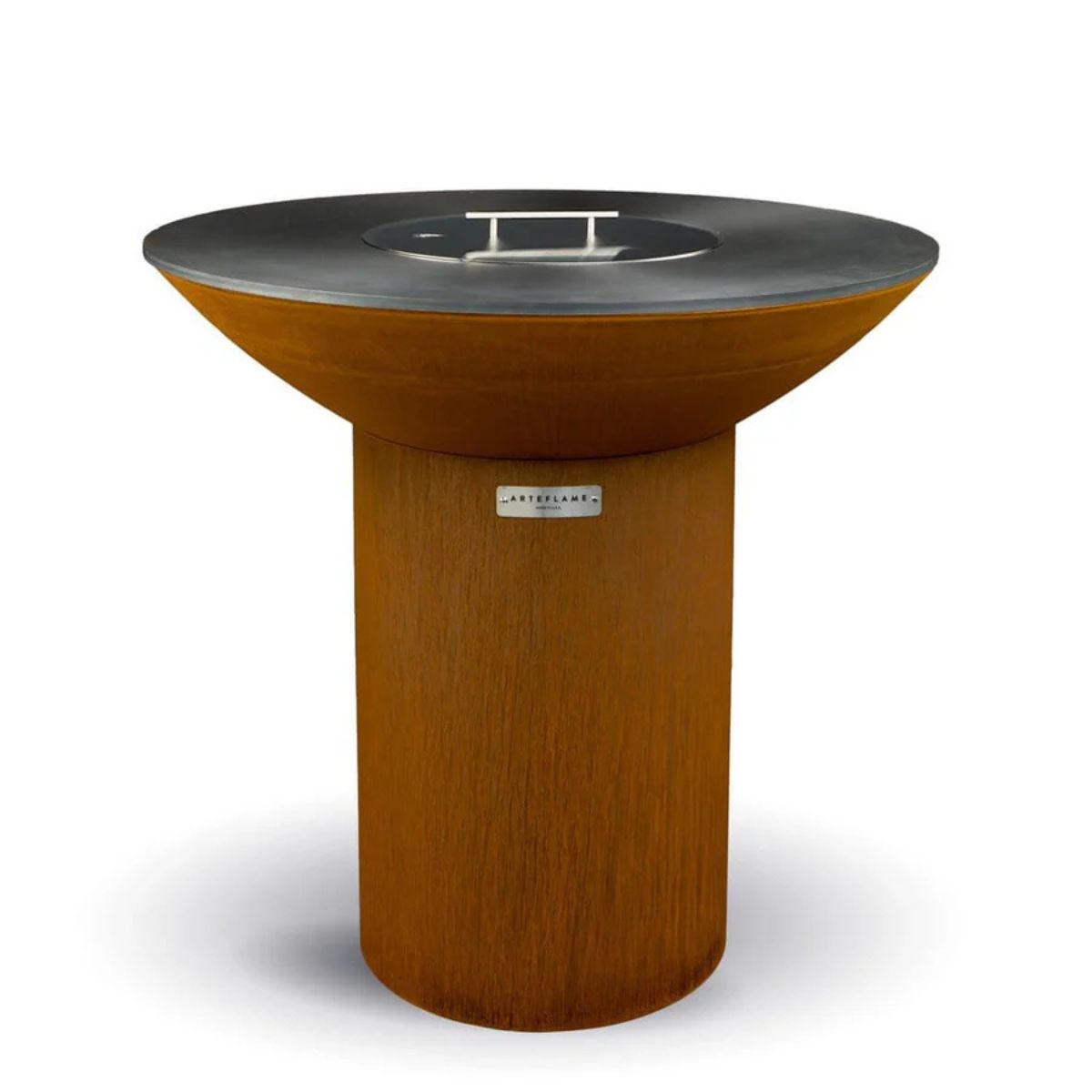 Wooden outdoor fire pit table with metal top on a white background