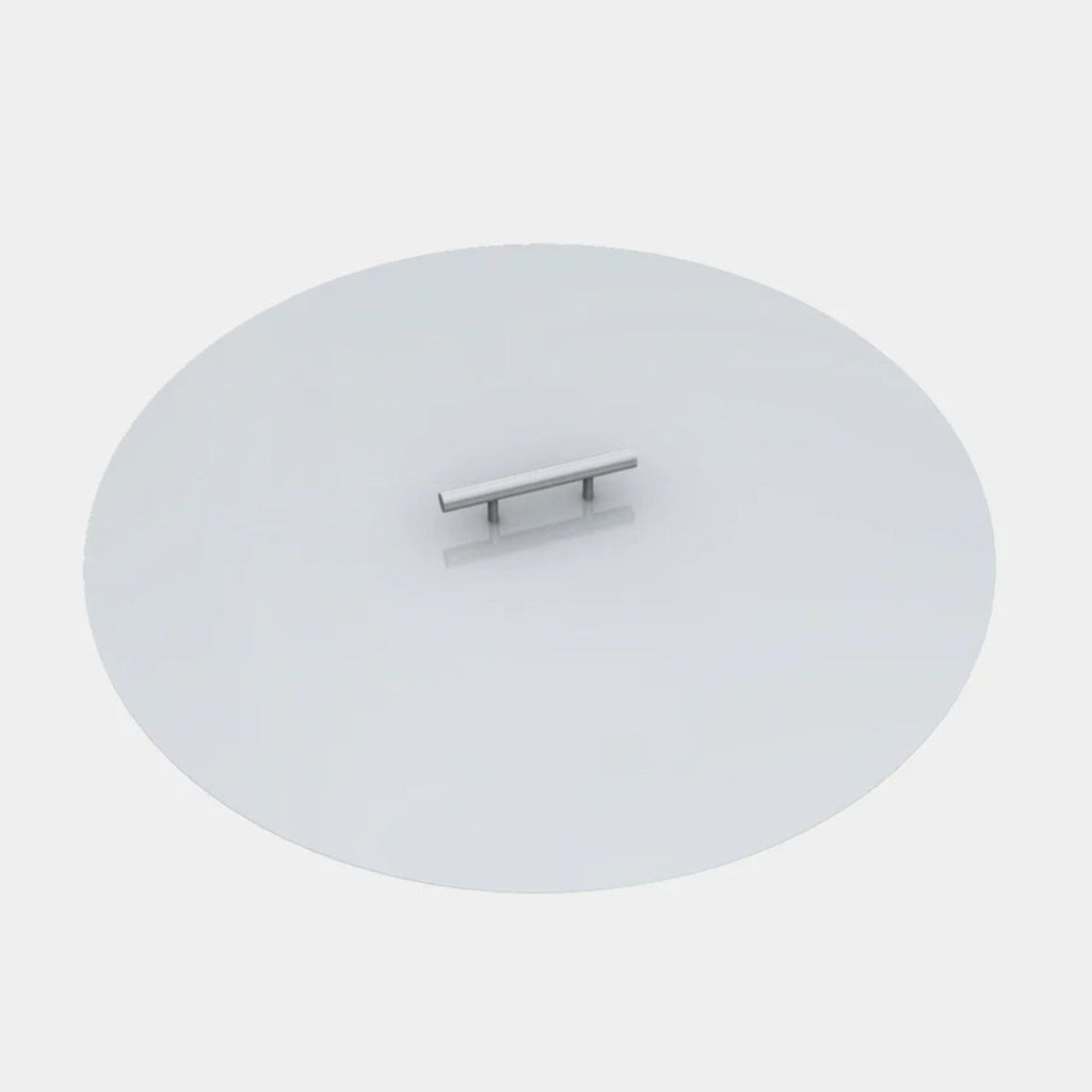 Round glass cover with a metallic handle on a white background