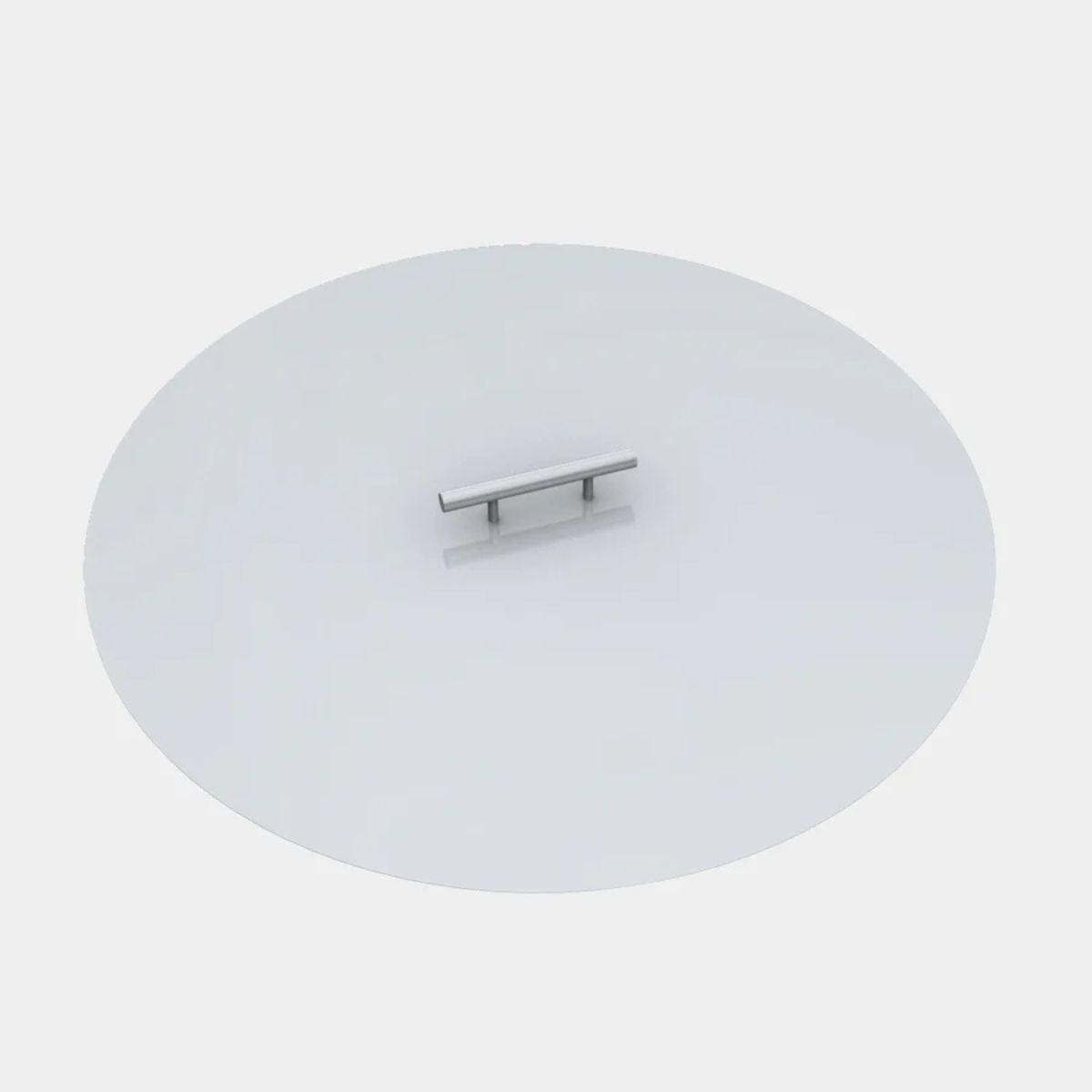 Round glass cover with a metallic handle on a white background