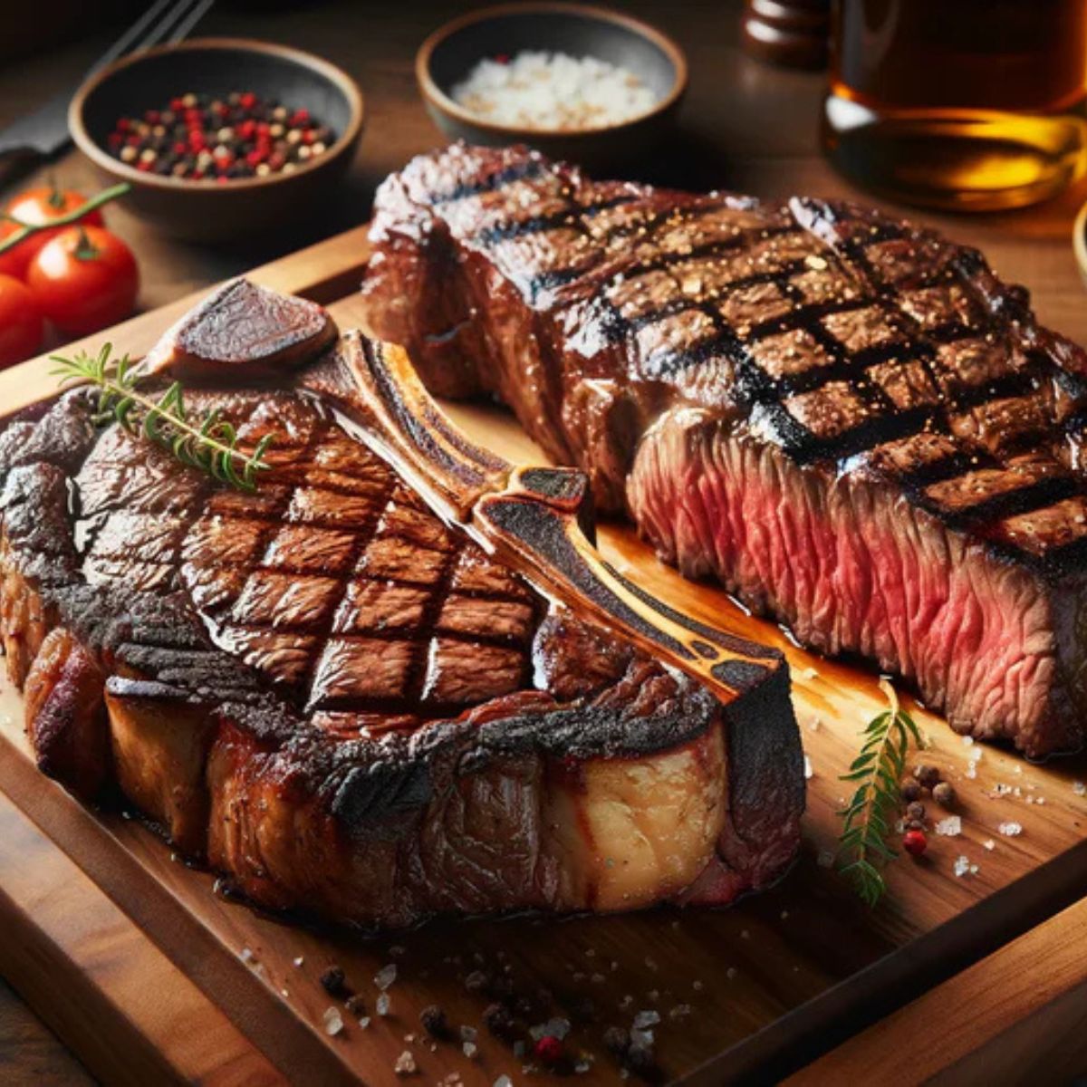 Grilled steak on a wooden cutting board with spices and a glass of beer in the background.
