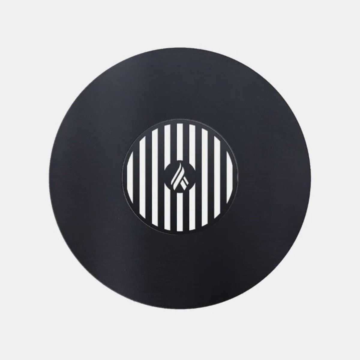 Black vinyl record with a white and black striped center on a light gray background