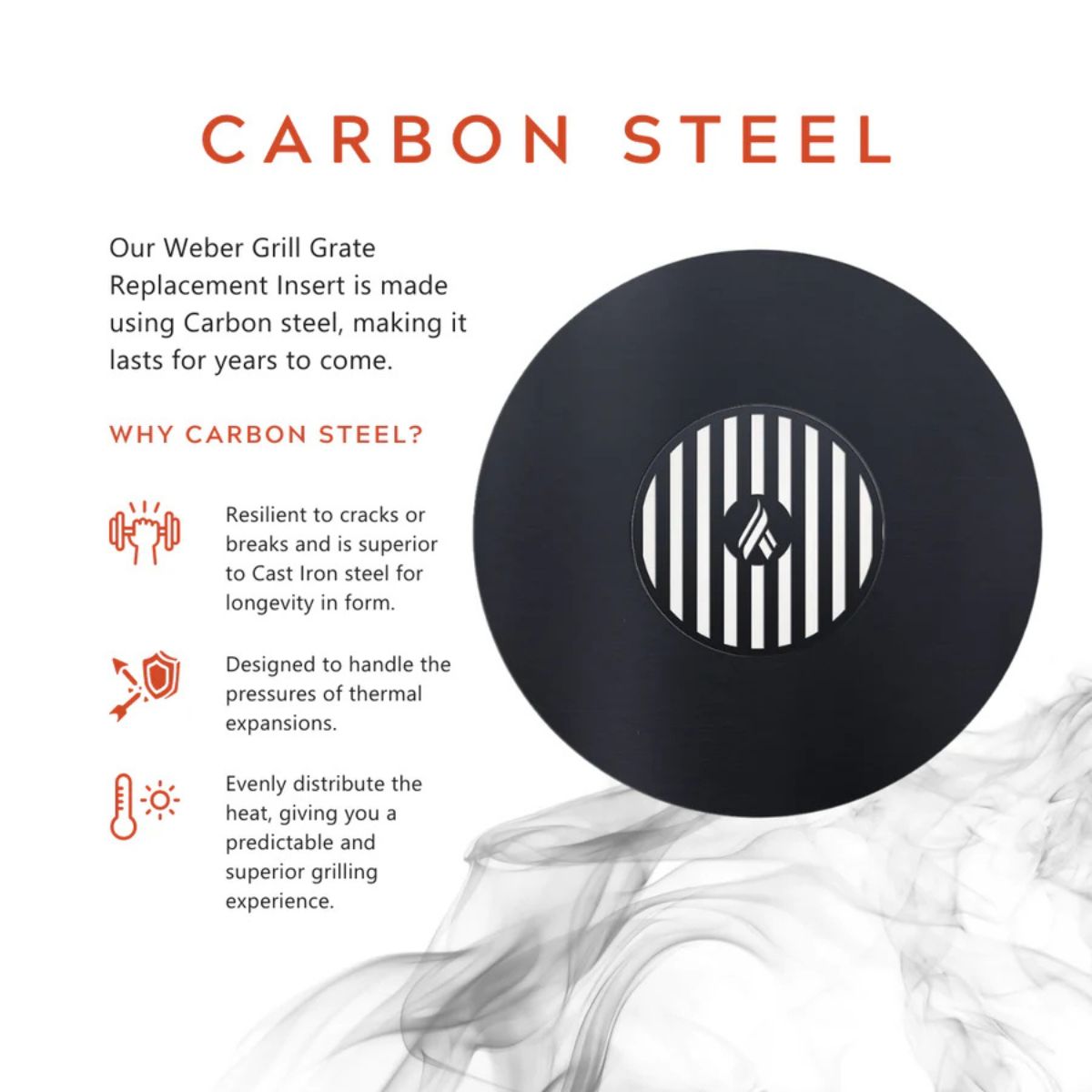 Weber grill grate replacement insert with carbon steel text and branding on a white background