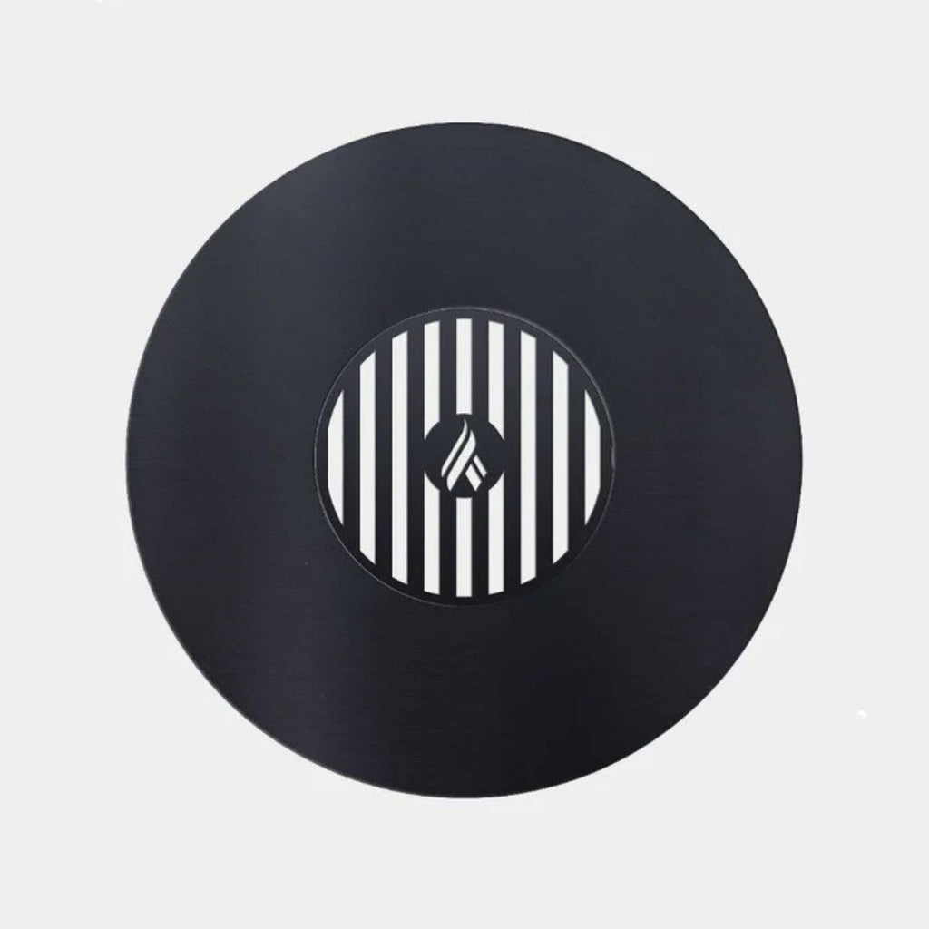 Black vinyl record with a central logo on a light gray background