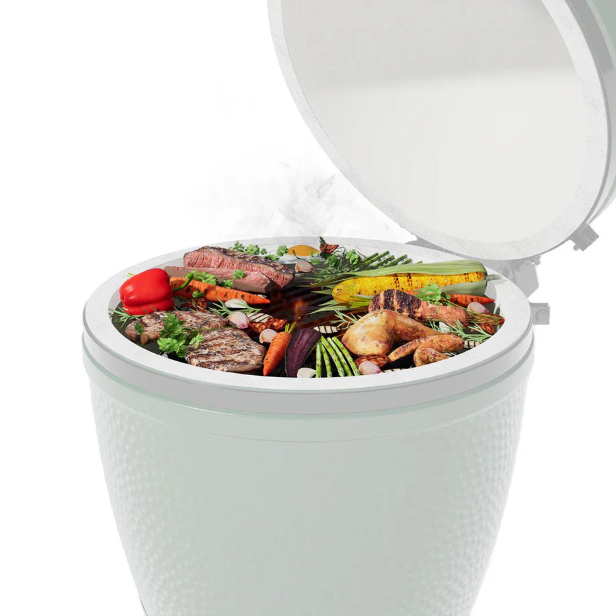 White compost bin filled with food waste on a white background