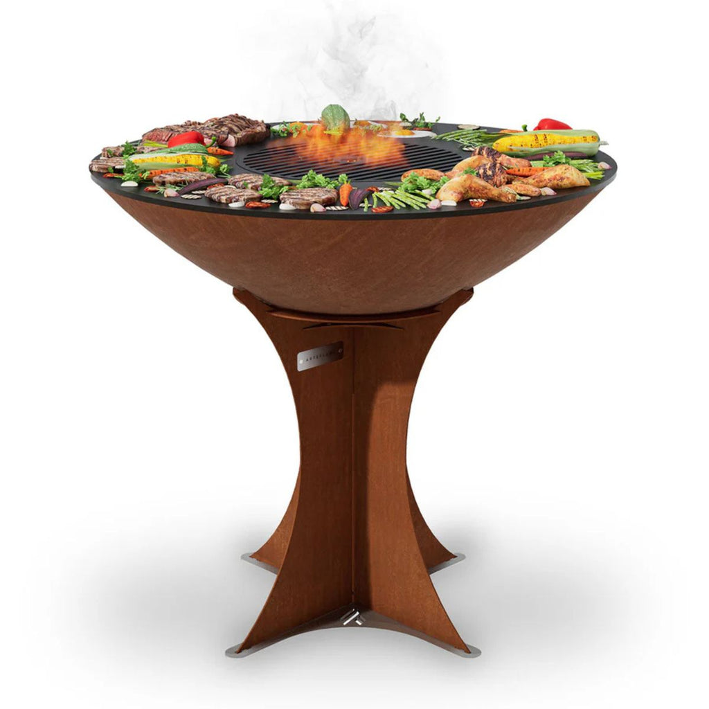 Round grill with food on a white background