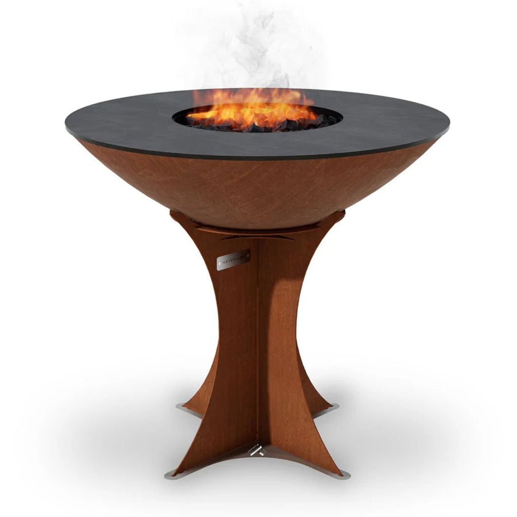 Wooden fire pit table with flames on a white background