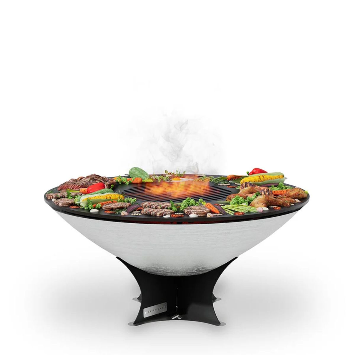 Fire pit with food on a white background