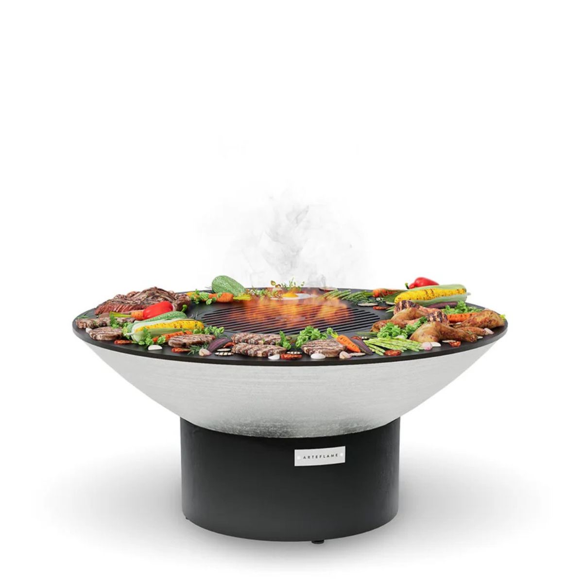 Round grill with food on a white background