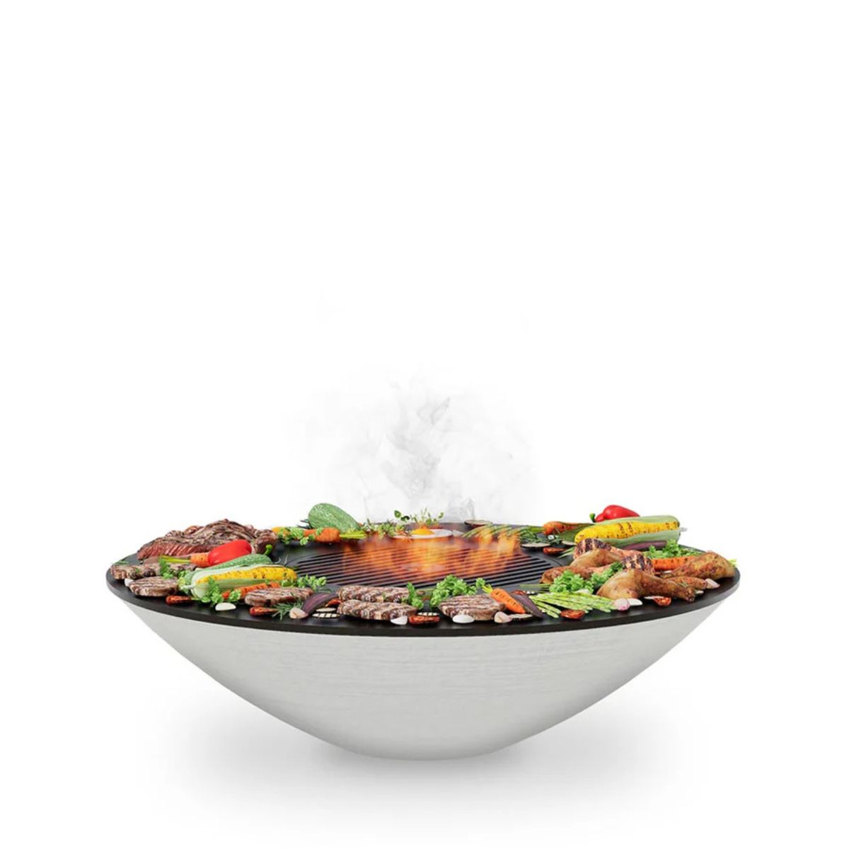 Wok-style grill with food on a white background