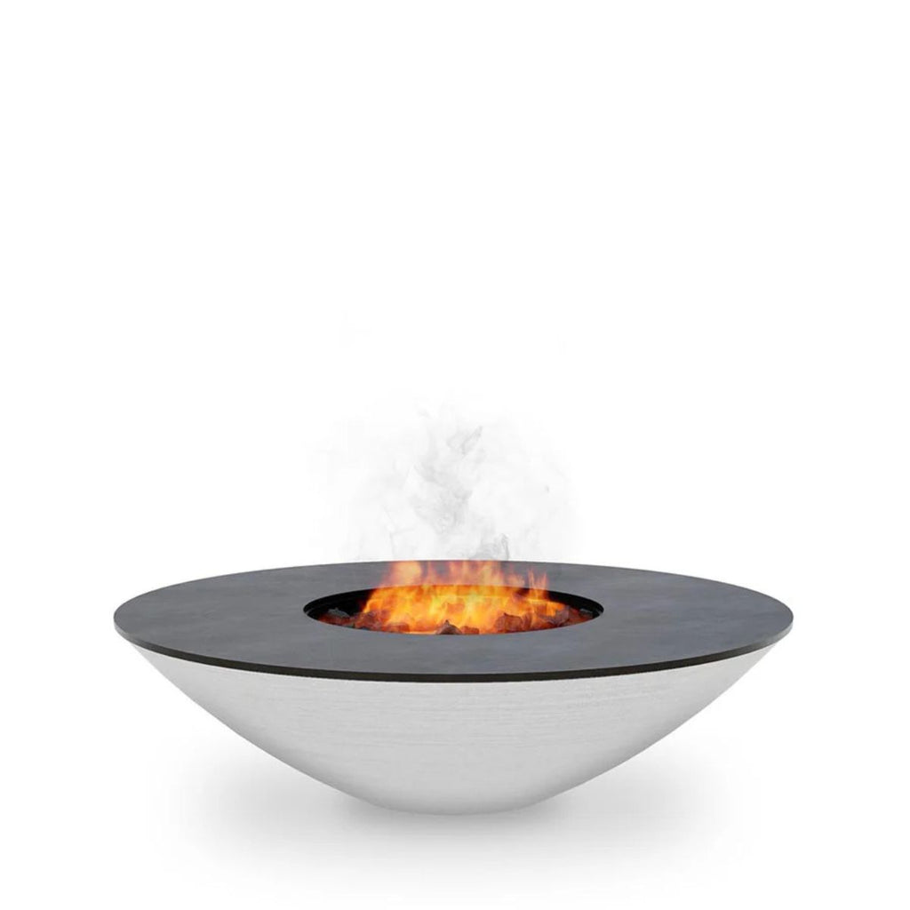 Modern outdoor fire pit with flames and smoke on a white background