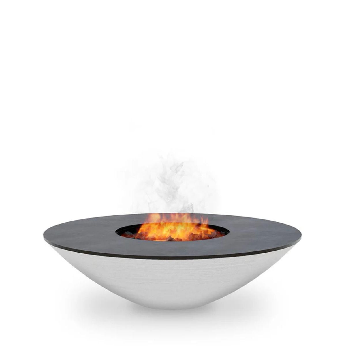 Modern outdoor fire pit with flames and smoke on a white background
