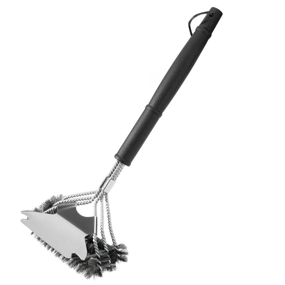 Barbecue cleaning brush with a black handle on a white background