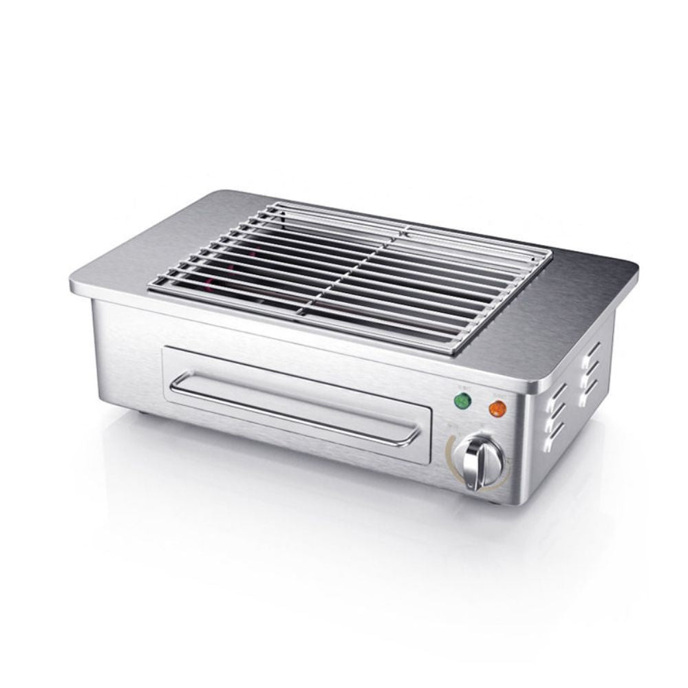 Stainless steel grill with control knobs on a white background